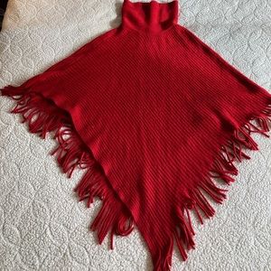 Turtleneck Poncho Pullover w/Fringed Edges
